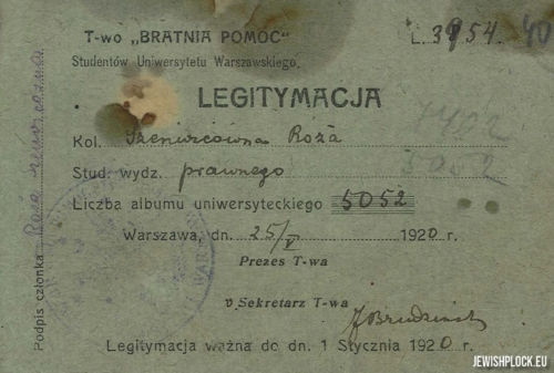 Identity card of the "Bratnia Pomoc" Society of students of the University of Warsaw, Róża Szenwic (source: Archives of the University of Warsaw, reference number RP 5052)